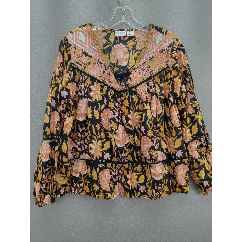 Rachel Zoe Floral Embroidered V-Neck Peasant Long Sleeve Blouse Small Vacation - Picture 2 of 12